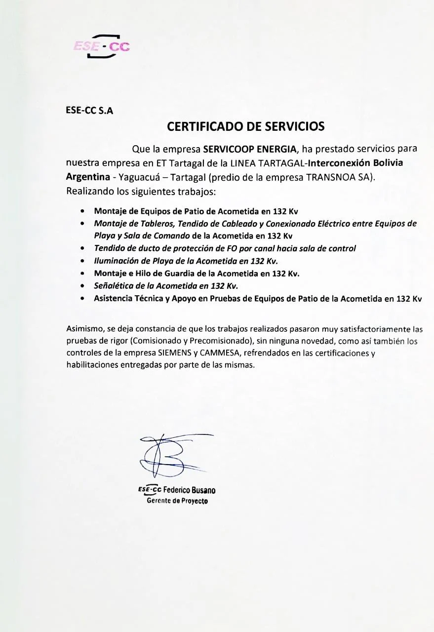 Certificado de servicios de ESE-CC S.A. por la acometida en 132 kV de la ET Tartagal