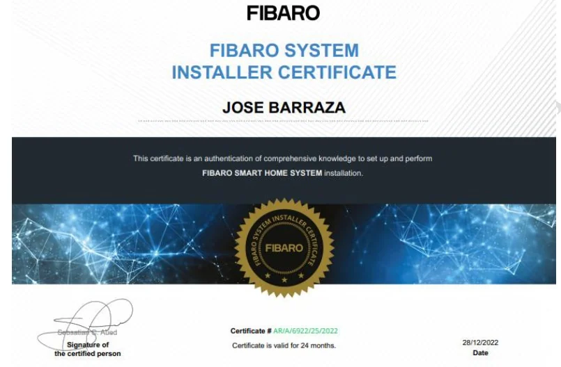 Certificado de instalador de sistemas de domótica FIBARO