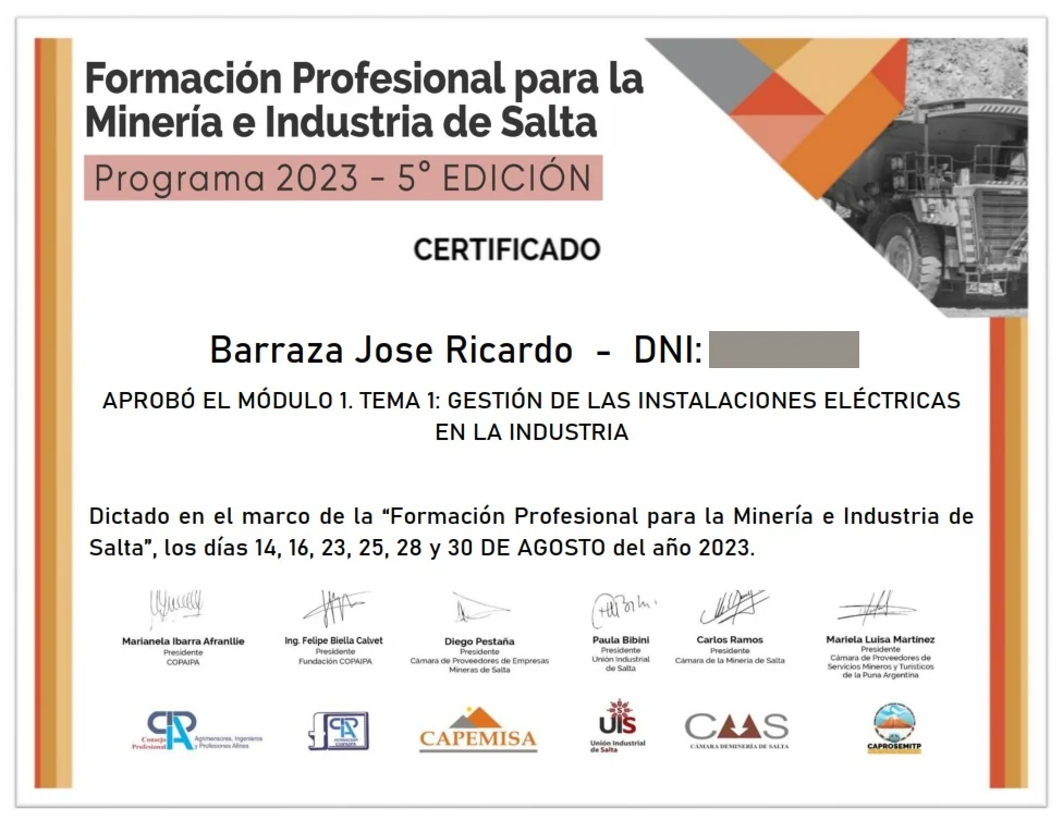 Certificado del programa Formación Profesional para la Minería e Industria de Salta