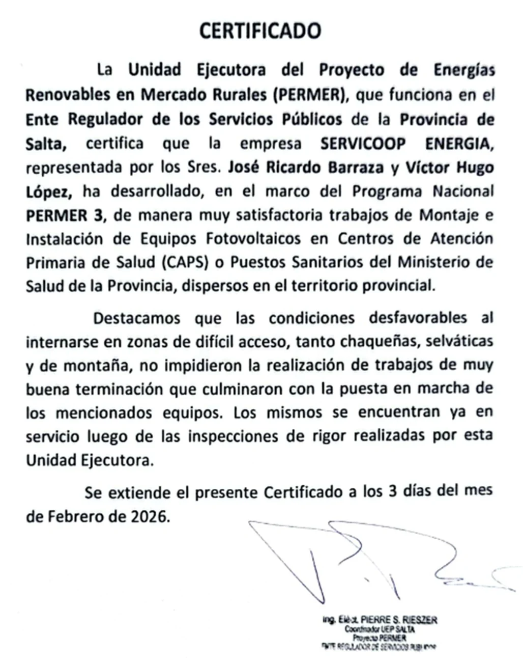 Certificado del PERMER por la instalación de equipos fotovoltaicos en centros de salud de Salta