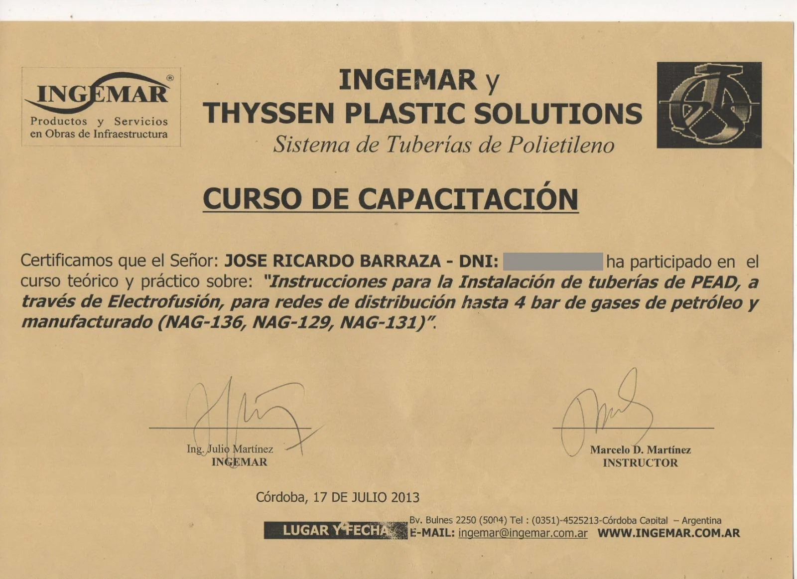 Certificado de INGEMAR y Thyssen Plastic Solutions por el curso de tuberías de gas en polietileno
