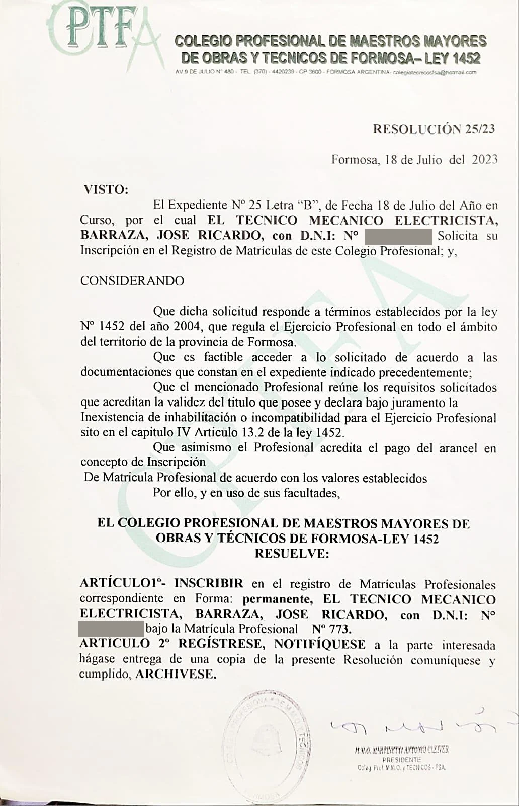 Resolución 25/23 del Colegio Profesional de Maestros Mayores de Obras y Técnicos de Formosa